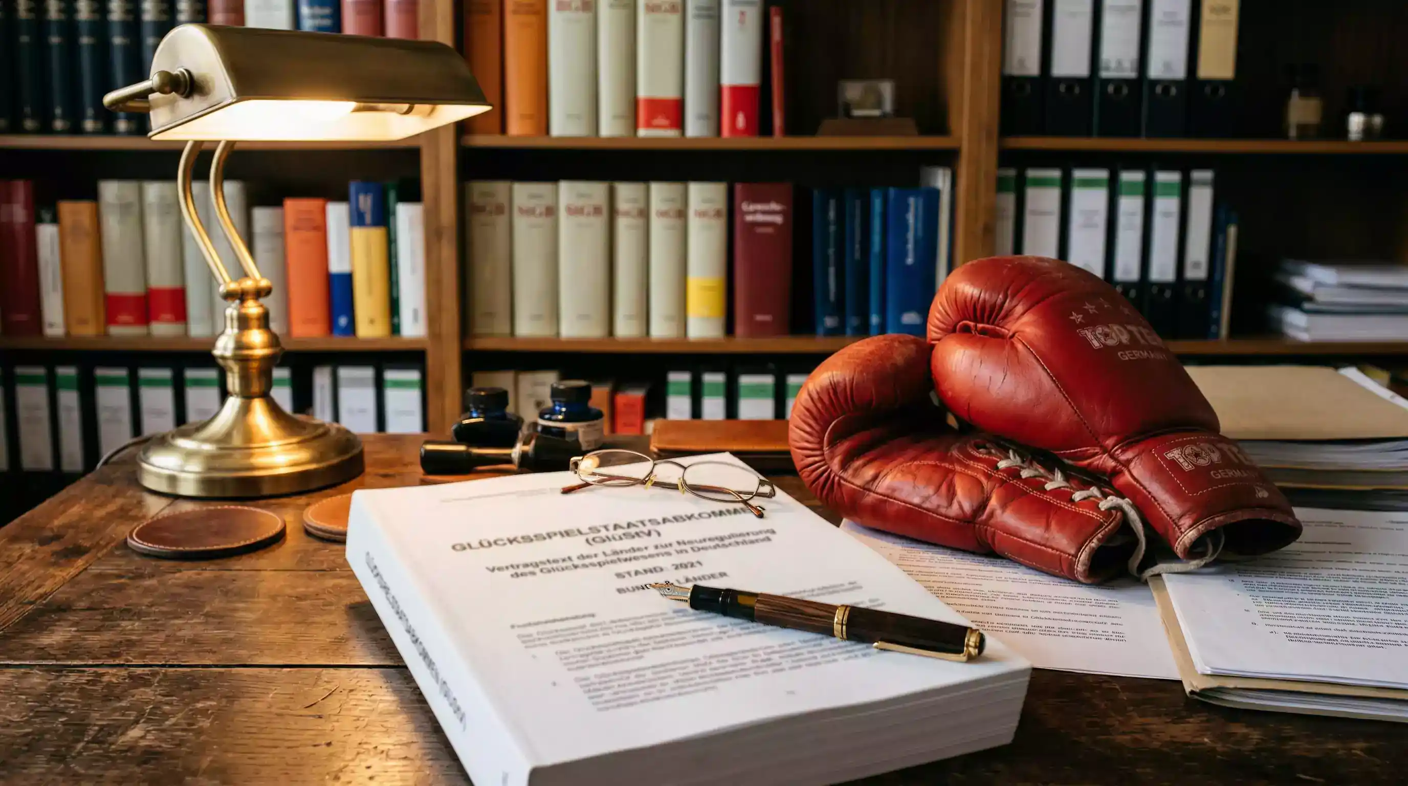 Boxwetten Rechtslage Deutschland - Dokumentenstapel mit Paragraphenzeichen und Boxhandschuh