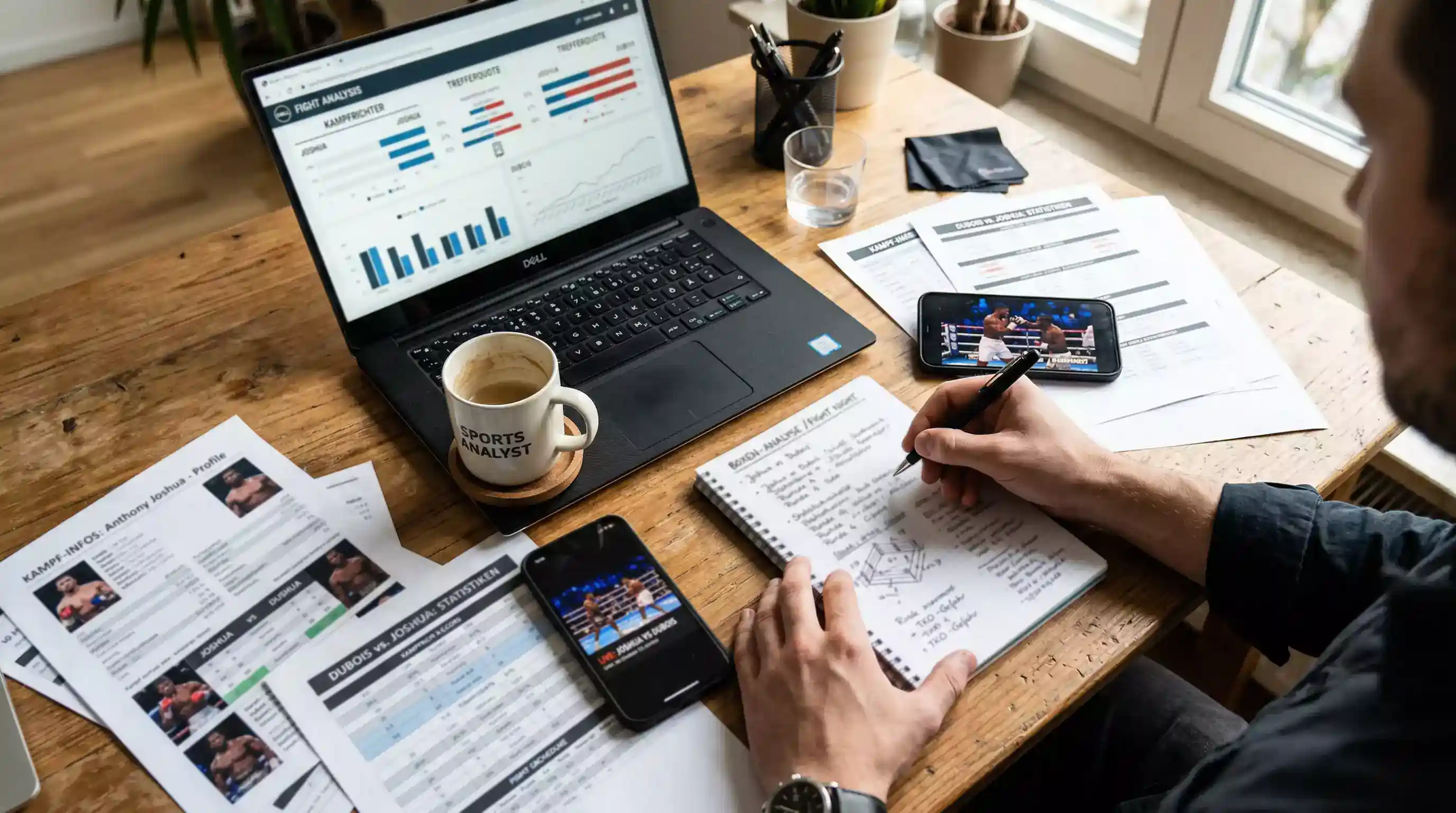 Boxwetten Strategie - Analyst bewertet Kampfdaten und Boxerstatistiken am Schreibtisch